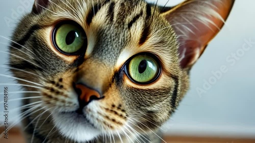 Curious tabby cat gazes inquisitively at the camera in a bright indoor setting photo