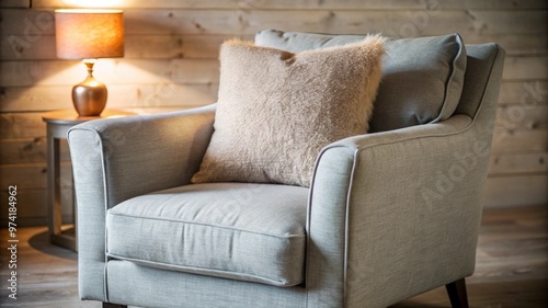 Cozy armchair with fur pillow and warm lamp in rustic room