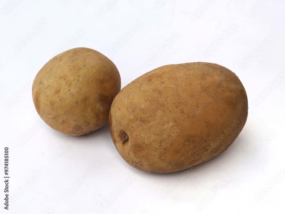 Two perfectly fresh potatoes displayed on a white background. Two perfectly fresh potatoes displayed on a white background.