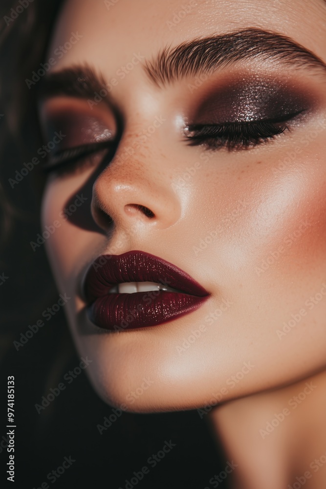 Naklejka premium woman with bold, cool-toned smokey eyes in shades of grey and charcoal, paired with a matte berry lip