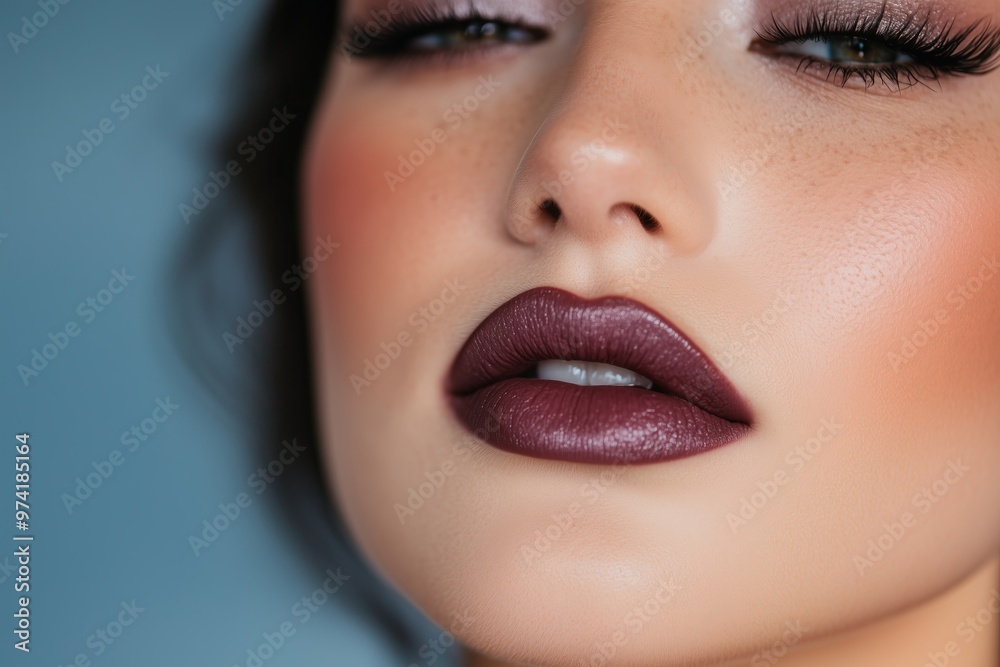 Naklejka premium woman with bold, cool-toned smokey eyes in shades of grey and charcoal, paired with a matte berry lip