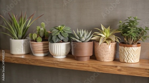 Assorted potted succulents on wooden shelf