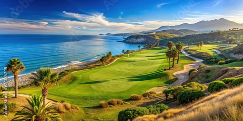 Scenic view of a beach and golf field in La Alcaidesa, Costa del Sol, Spain