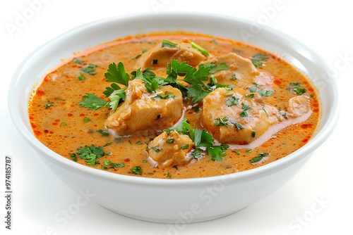 A bowl of food with parsley isolated on a white background