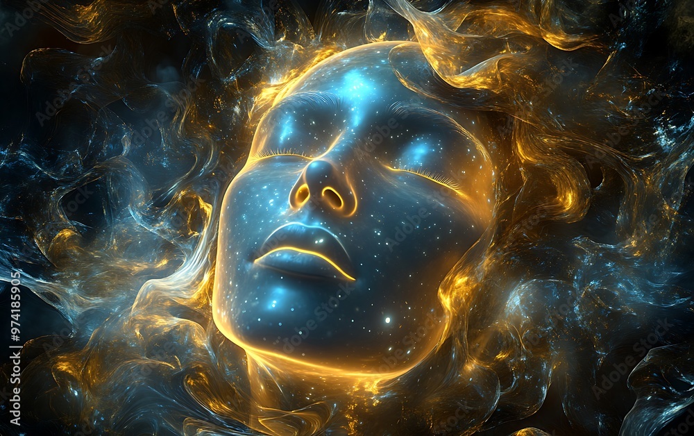 Serene Close-Up Portraying Inner Tranquility with Abstract Glowing Shapes Serene Close-Up Portraying Inner Tranquility with Abstract Glowing Shapes