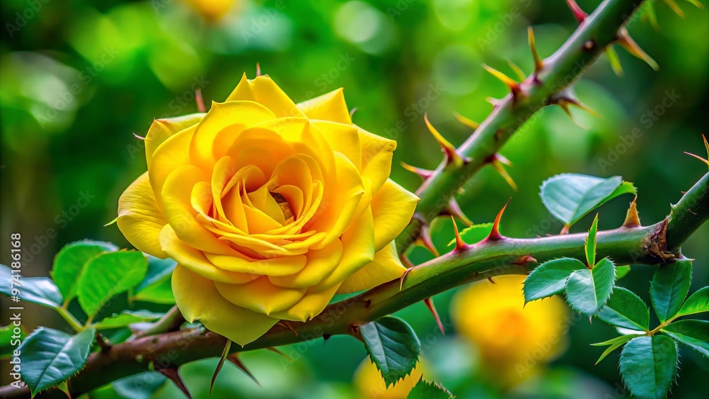 A bright yellow rose erupts from its thorny stem, its delicate yellow petals unfolding from the stem's hollow