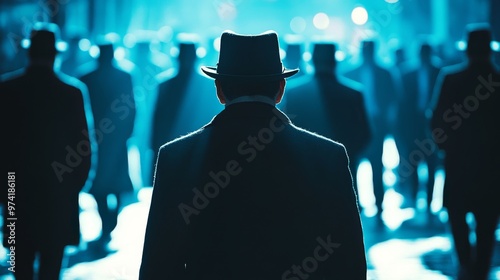 A man in a hat stands in front of a crowd of people