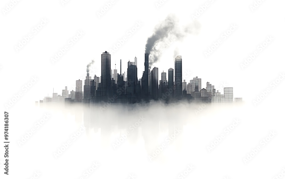 Futuristic Cityscape Enveloped in Pollution - 3D Model with Smog, Smokestacks, and Dramatic Lighting on White Background Futuristic Cityscape Enveloped in Pollution - 3D Model with Smog, Smokestacks, and Dramatic Lighting on White Background