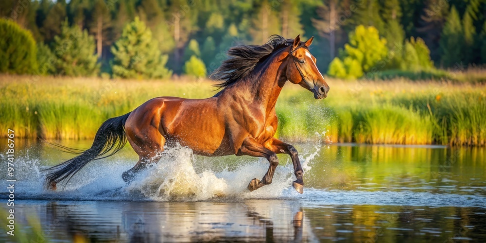 A chestnut horse runs freely through a sun-drenched lake in rural Sweden, mane flowing in the wind, as A chestnut horse runs freely through a sun-drenched lake in rural Sweden, mane flowing in the wind, as