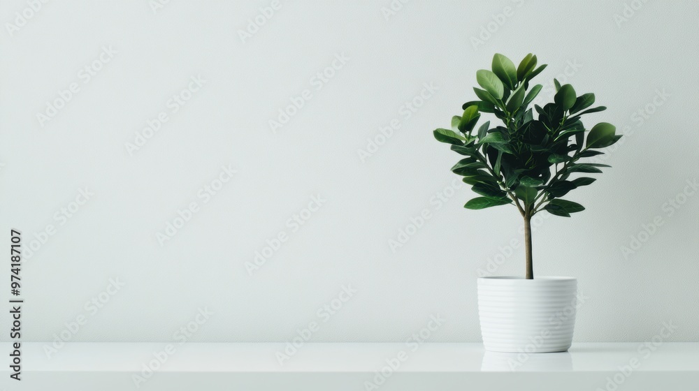 A minimalist white desk features a single potted plant in the corner A minimalist white desk features a single potted plant in the corner