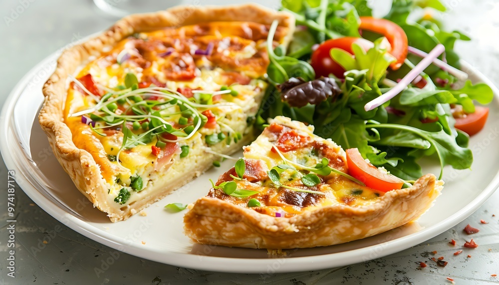 A plate of food with a slice of pie and side salad A plate of food with a slice of pie and side salad