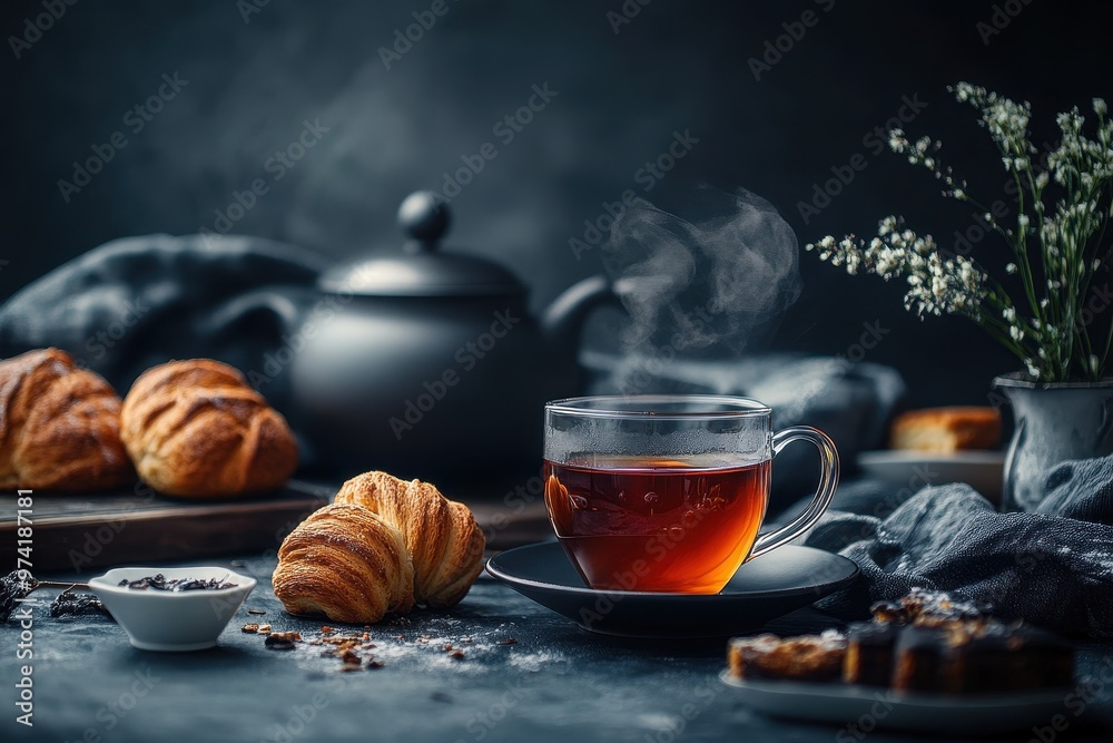 A cozy tea setting with croissants and a teapot, evoking warmth and relaxation. A cozy tea setting with croissants and a teapot, evoking warmth and relaxation.