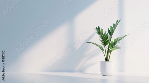  A minimalist white desk features a single potted plant in the corner