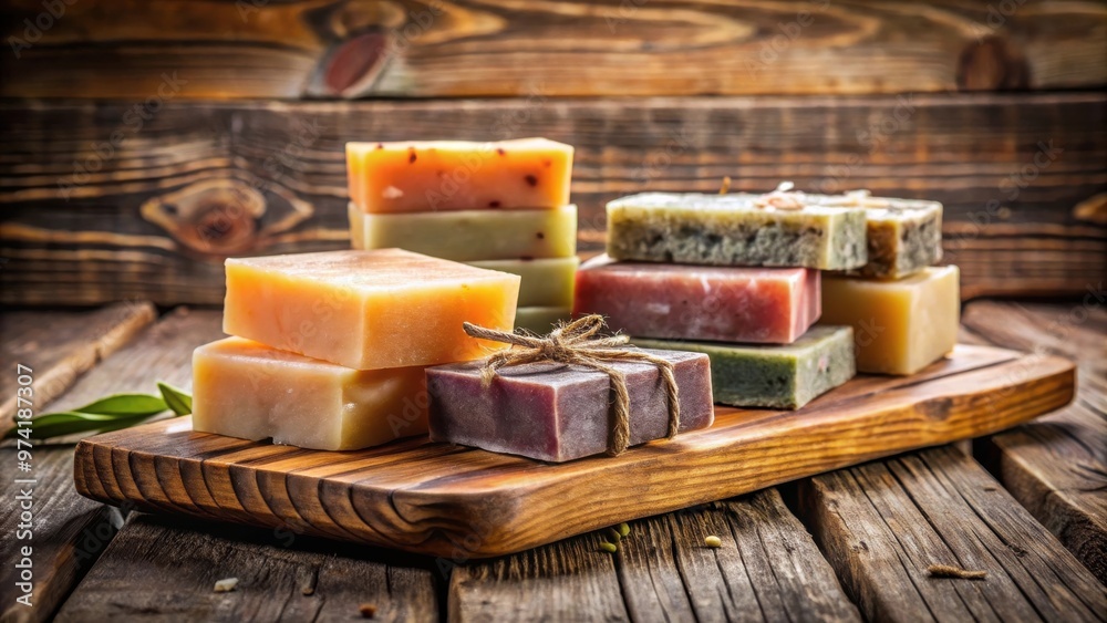 Homemade soap bars displayed on a rustic wooden plank
