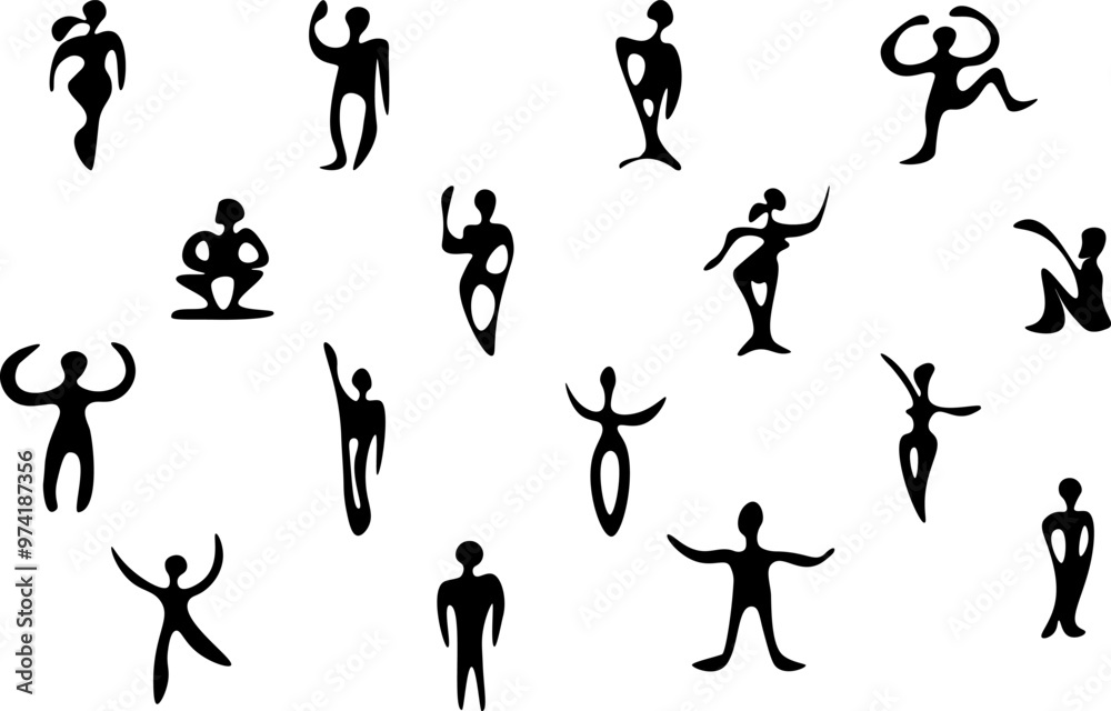 Stylized human figures. Black on transparent background. Flyer background design, advertising background, fabric, clothing, texture, textile pattern. Stylized human figures. Black on transparent background. Flyer background design, advertising background, fabric, clothing, texture, textile pattern.