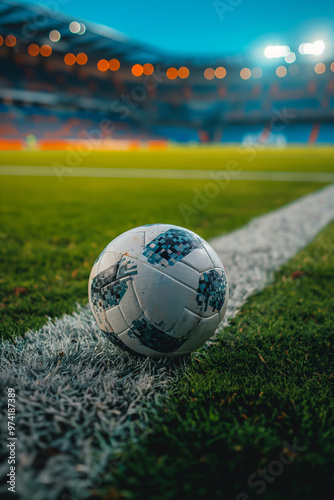 Soccer ball in the middle of grass field on a stadium, football related background. Soccer match colorful design. Championship in European football. photo