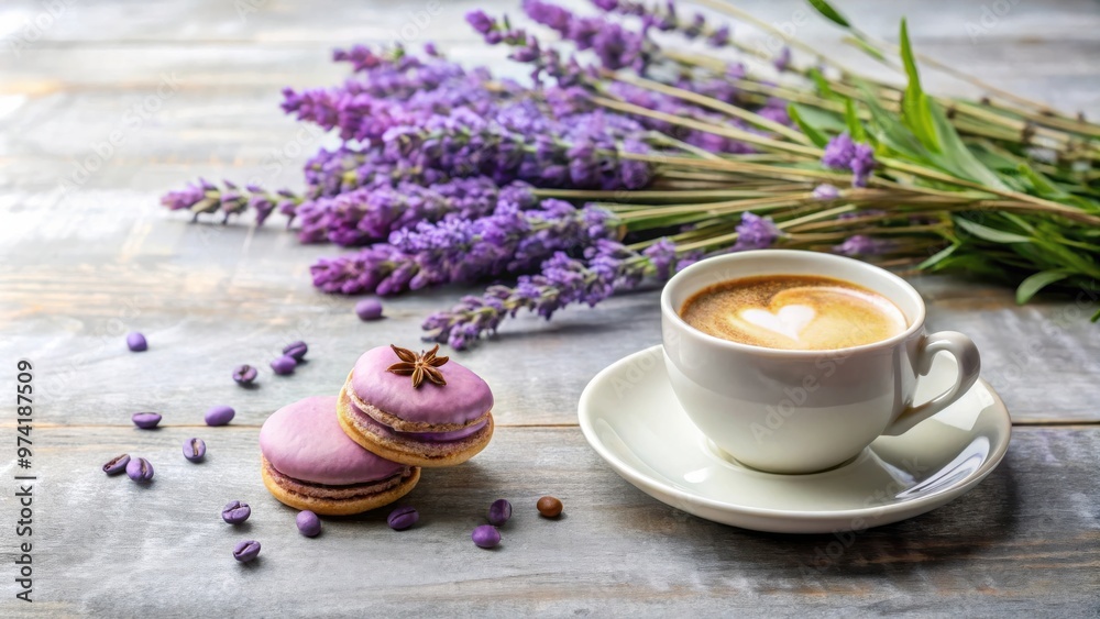 Summertime aesthetic lavender raf coffee and floral dessert with copy space for text