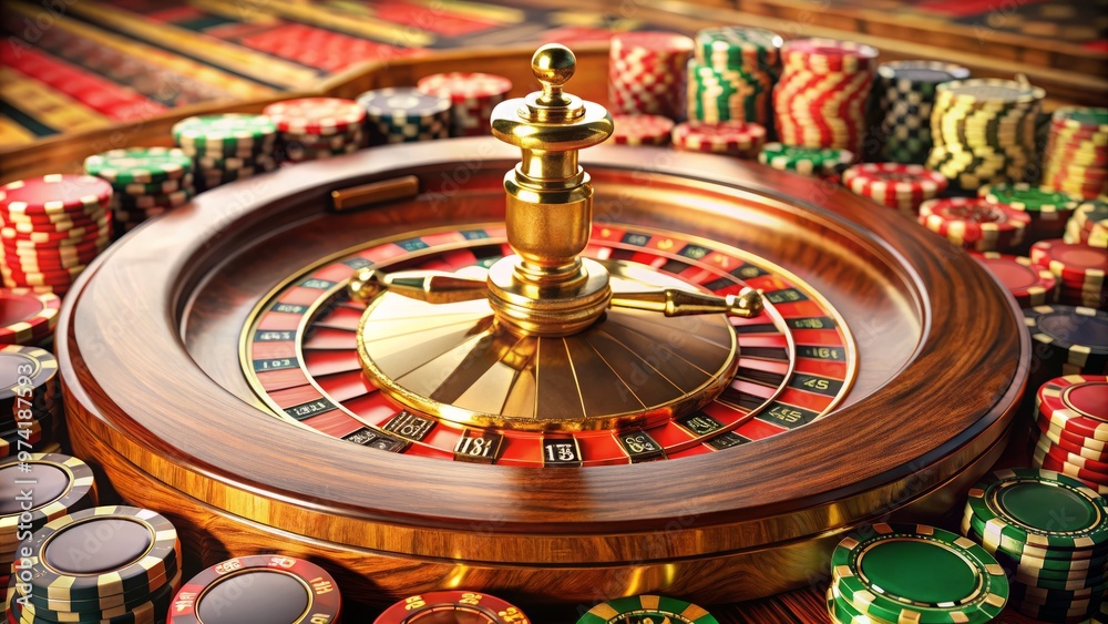 elegant wood and gold-toned roulette wheel with vivid red and black numbers, stacks of chips, and ornate decorations elegant wood and gold-toned roulette wheel with vivid red and black numbers, stacks of chips, and ornate decorations