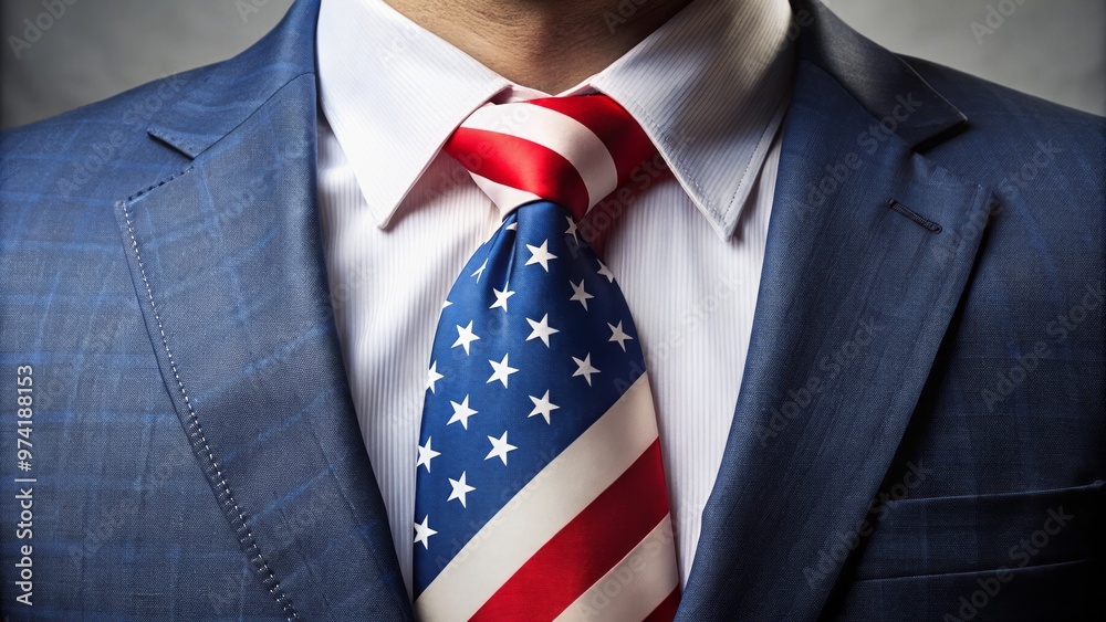A dashing individual is dressed to impress in a striking suit with a patriotic American flag pattern, paired A dashing individual is dressed to impress in a striking suit with a patriotic American flag pattern, paired