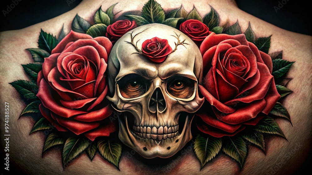 A delicate rose wraps itself around the skull's curves, its petals softly illuminated by a warm light that A delicate rose wraps itself around the skull's curves, its petals softly illuminated by a warm light that