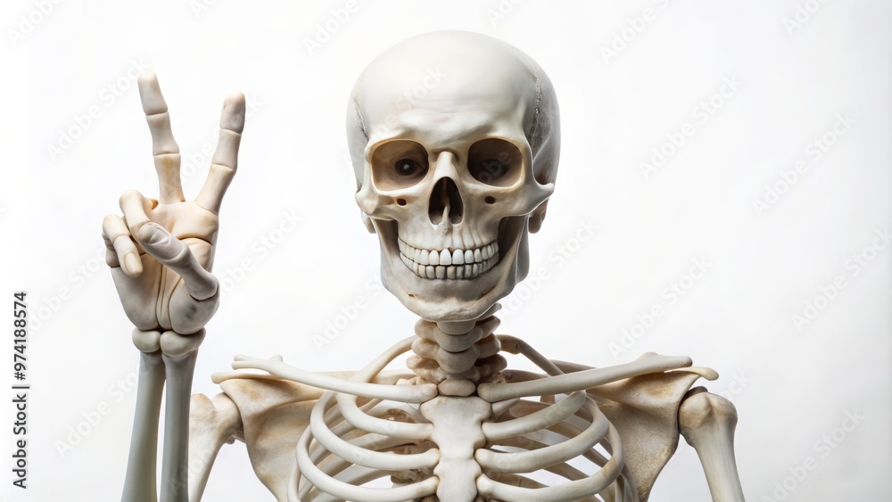 A delicate, yet eerie, human skeleton hand extends from the whiteness, fingers curled into a peace sign, conveying A delicate, yet eerie, human skeleton hand extends from the whiteness, fingers curled into a peace sign, conveying