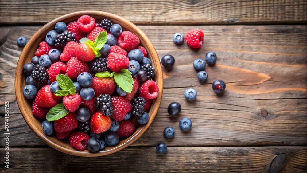 Fresh berry mix in wooden bowl on rustic table, immune-boosting superfoods Fresh berry mix in wooden bowl on rustic table, immune-boosting superfoods
