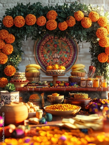 Day of the Dead Altar with Marigolds and Traditional Offerings