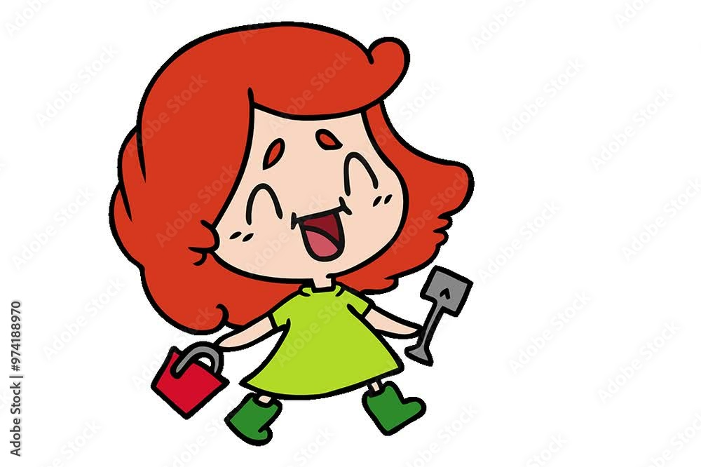 freehand drawn cartoon of cute kawaii girl with bucket and spade freehand drawn cartoon of cute kawaii girl with bucket and spade