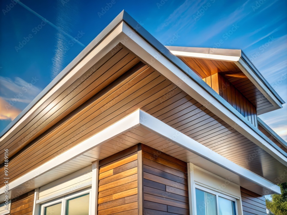 Exterior of modern house featuring beautifully designed soffit and fascia system with subtle wood grain texture and