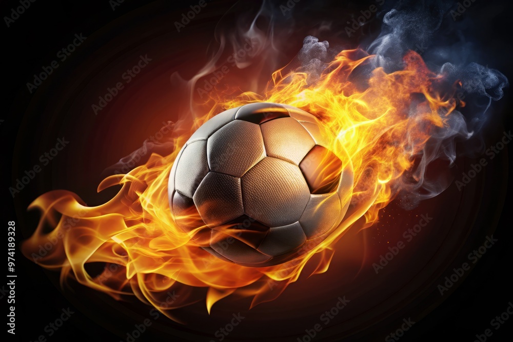 Naklejka premium Fiery flames engulf a glowing football on a dark background, symbolizing passion, energy, and intensity, evoking the