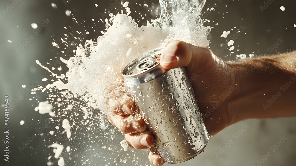 Fototapeta premium Hand Smashing a Can: A hand smashing an aluminum can, with the can crumpling and liquid spilling out. 