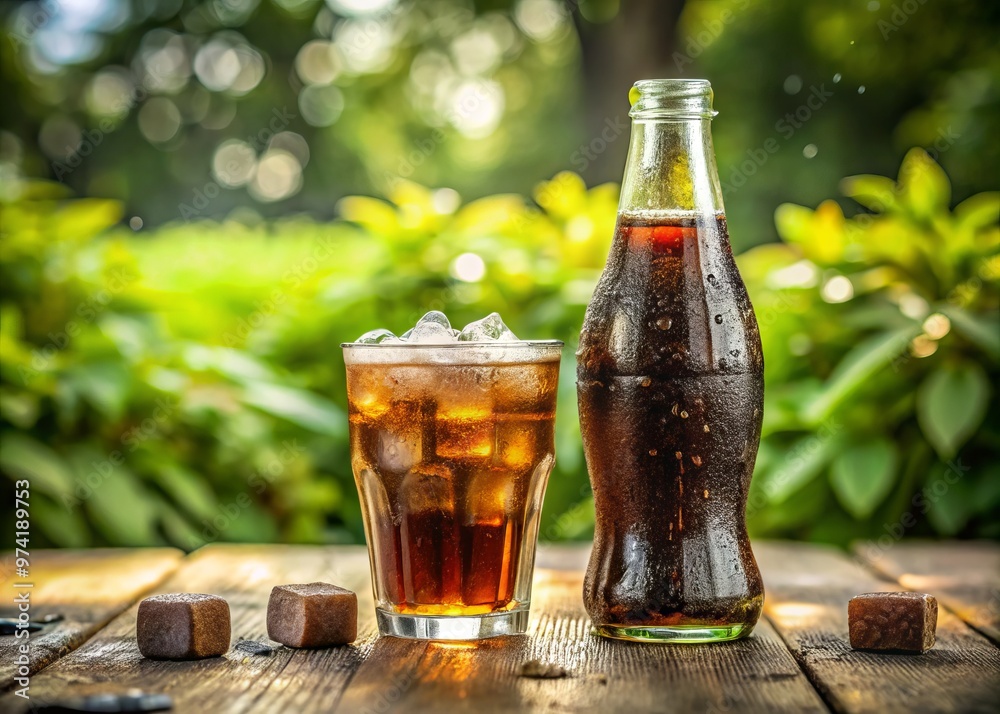 Fizzing glass bottle of cold dark cola beverage with condensation droplets on the side and a few ice