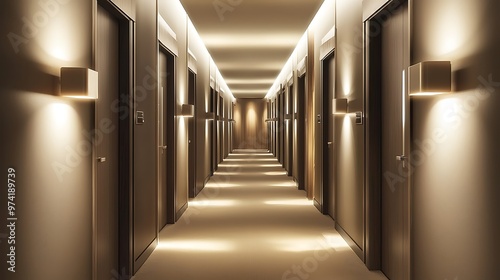Hotel's long, sleek hallway with doors and soft lighting in high resolution.