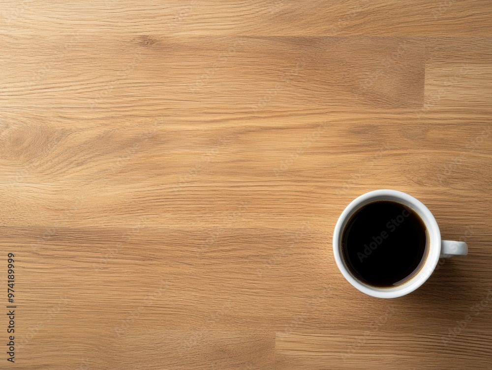 A smooth wooden surface features a coffee cup placed on the side A smooth wooden surface features a coffee cup placed on the side