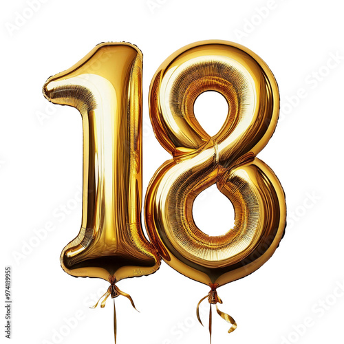 shiny gold foil number eighteen balloon floats on white