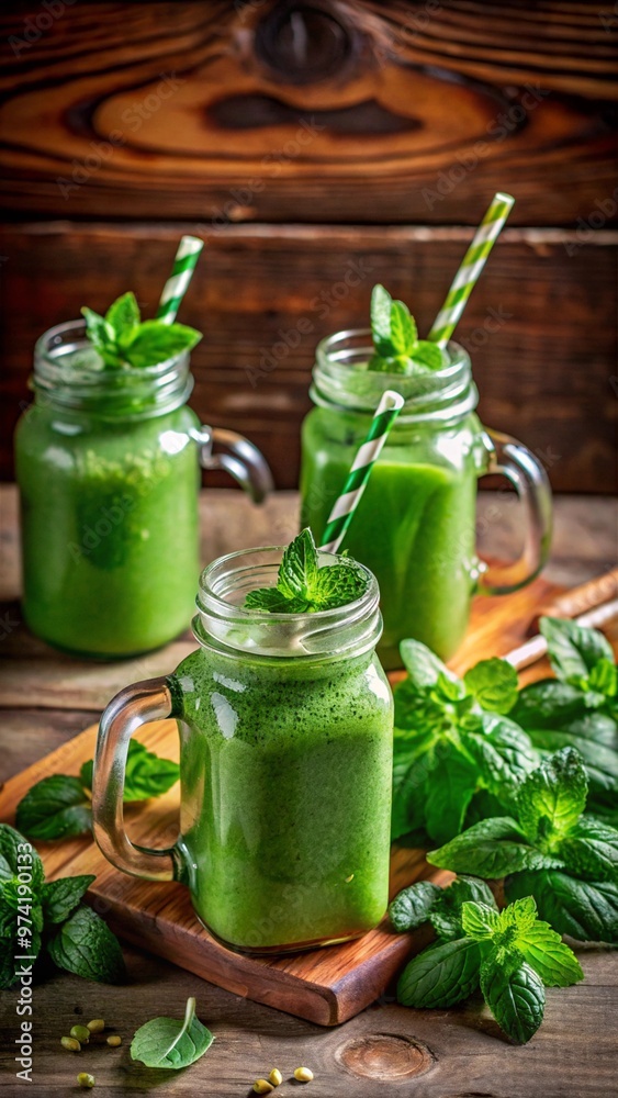 Three green smoothies in glass jars with mint, immune-boosting healthy drinks Three green smoothies in glass jars with mint, immune-boosting healthy drinks