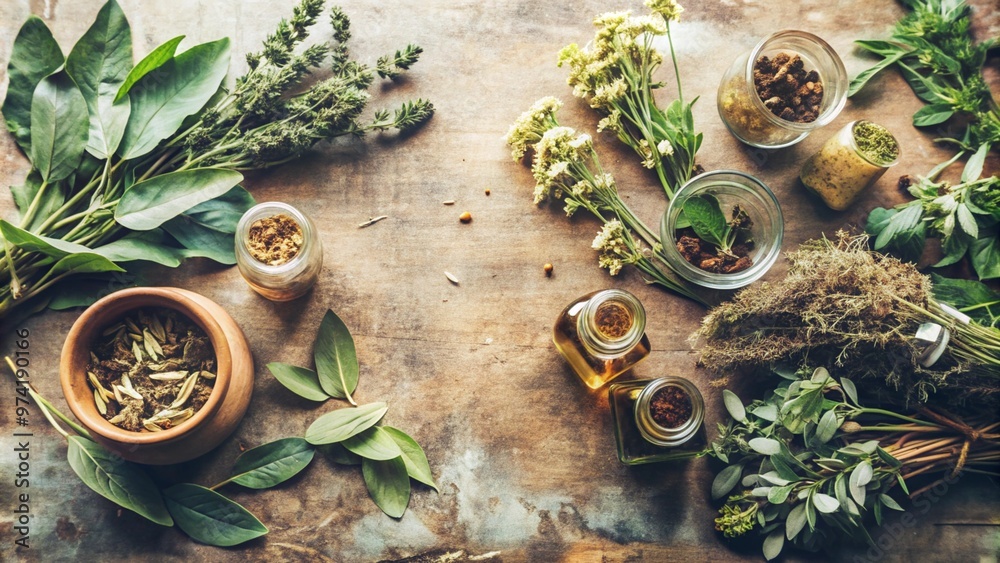 Assorted herbs and natural ingredients on wooden table, immune-boosting herbal remedies Assorted herbs and natural ingredients on wooden table, immune-boosting herbal remedies
