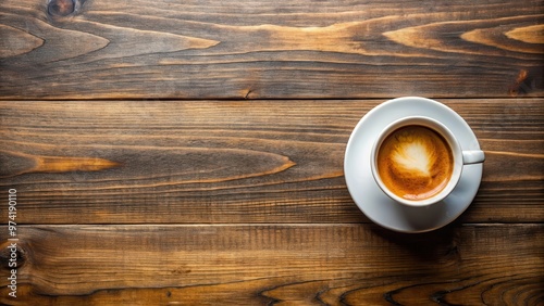 Top view of a coffee cup with saucer on a wooden table