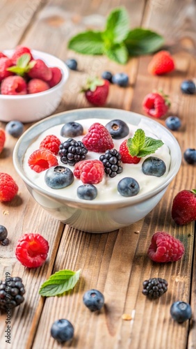 Fresh yogurt with berries and mint on wooden table, probiotic-rich immune-boosting breakfast