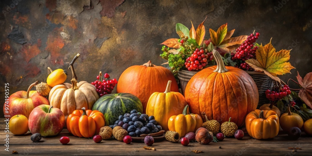 Autumn still life arrangement of pumpkins, fruits, and berries, with space for text Autumn still life arrangement of pumpkins, fruits, and berries, with space for text