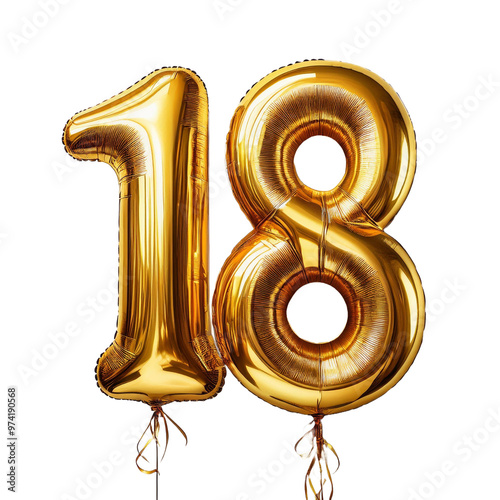 shiny gold foil number eighteen balloon floats on white