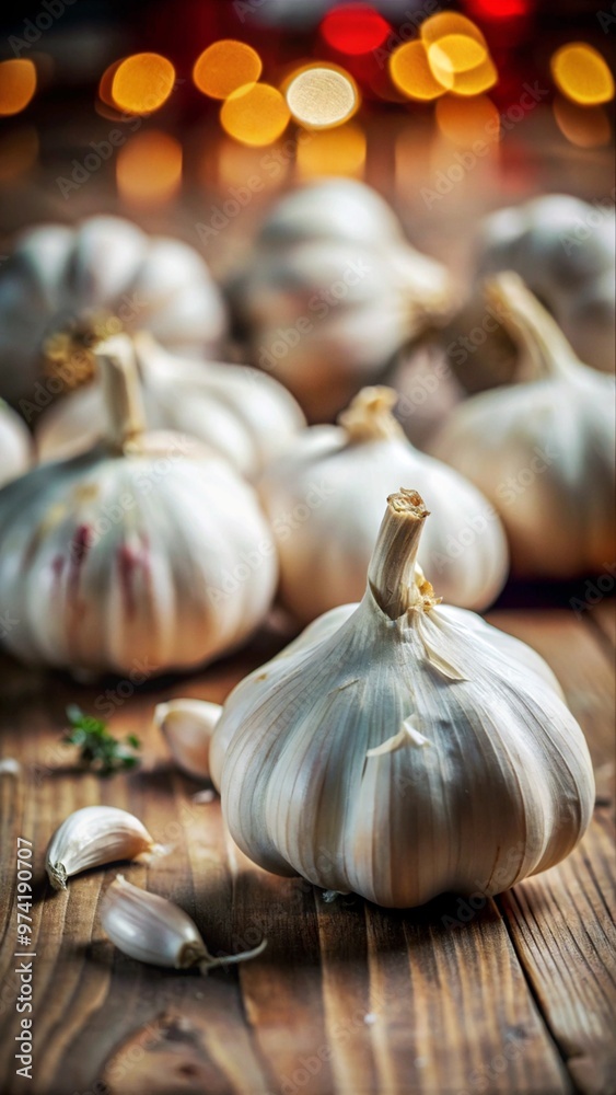 Obraz premium Whole garlic bulbs on wooden surface with blurred background, immune-boosting food