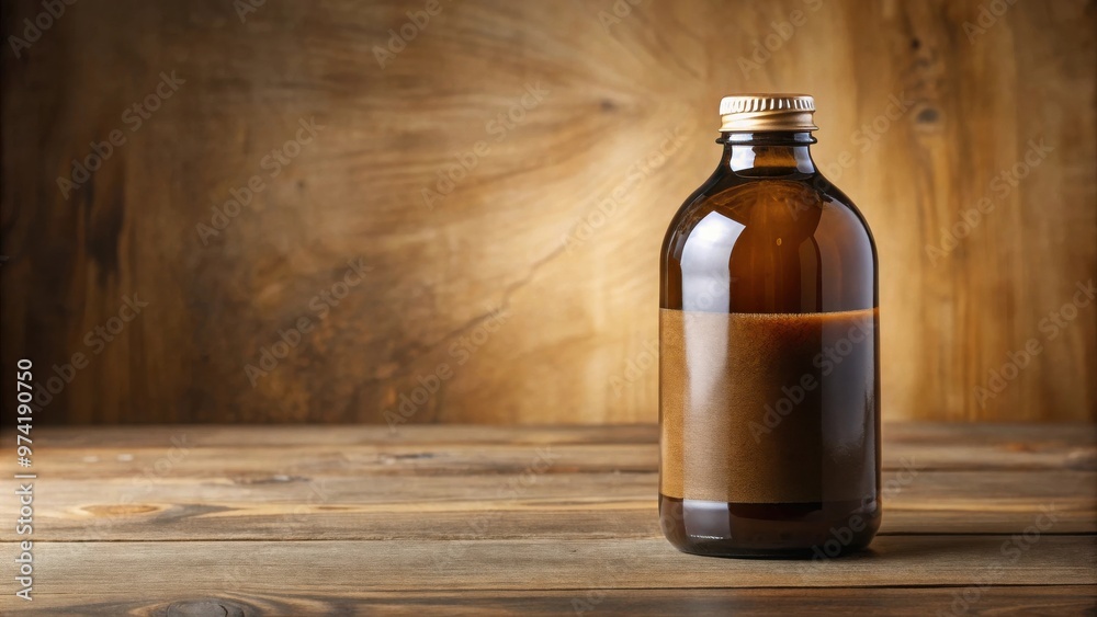 Cold brew coffee in amber brown glass bottle with blank label mockup Cold brew coffee in amber brown glass bottle with blank label mockup