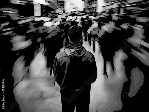 A solitary man stands still in a bustling city, surrounded by blurred crowds, capturing the feeling of isolation and anonymity amidst the urban rush.