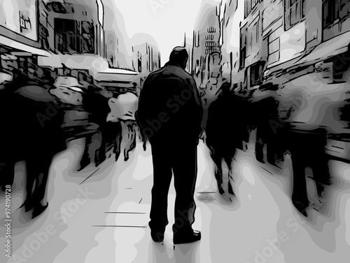 A solitary man stands still in a bustling city, surrounded by blurred crowds, capturing the feeling of isolation and anonymity amidst the urban rush.