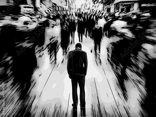 A solitary man stands still in a bustling city, surrounded by blurred crowds, capturing the feeling of isolation and anonymity amidst the urban rush.