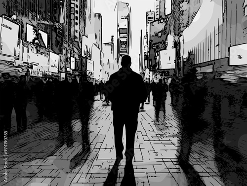 A solitary man stands still in a bustling city, surrounded by blurred crowds, capturing the feeling of isolation and anonymity amidst the urban rush.