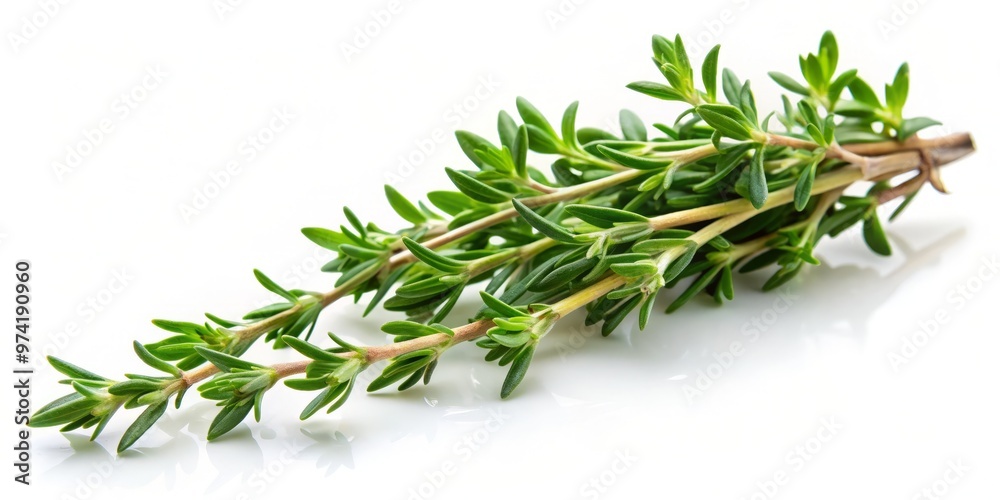 Fresh green sprig of thyme with delicate leaves and slender stem isolated on a clean white background, perfect Fresh green sprig of thyme with delicate leaves and slender stem isolated on a clean white background, perfect
