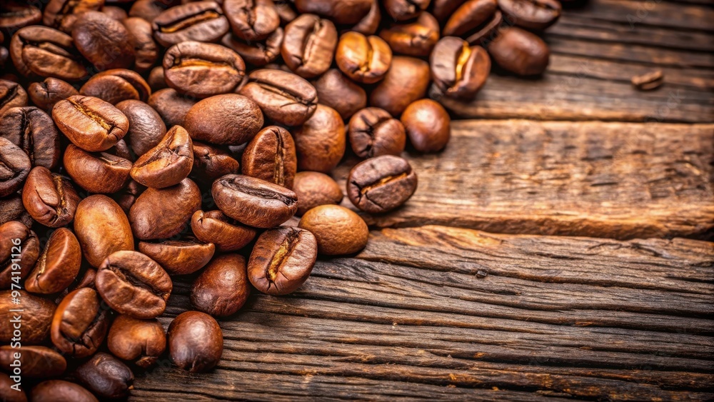 Close-up of roasted coffee beans on a rustic wood texture Close-up of roasted coffee beans on a rustic wood texture