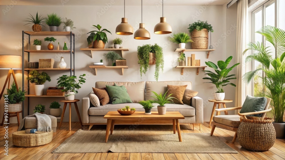A cozy living room with sustainable and eco-friendly decor A cozy living room with sustainable and eco-friendly decor